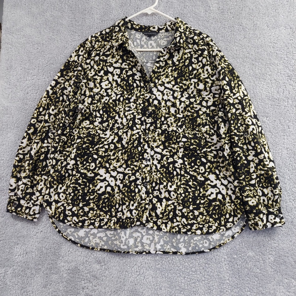 Rock & Republic Womens Black Animal Print Top XXL Tab Sleeve‎ Button Up Leopard